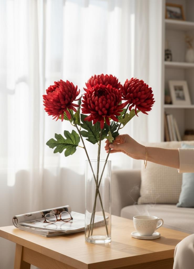 Yapay Çiçek Krizantem Kırmızı 90cm Tek Dal Kumaş Çiçek Uzun Dal