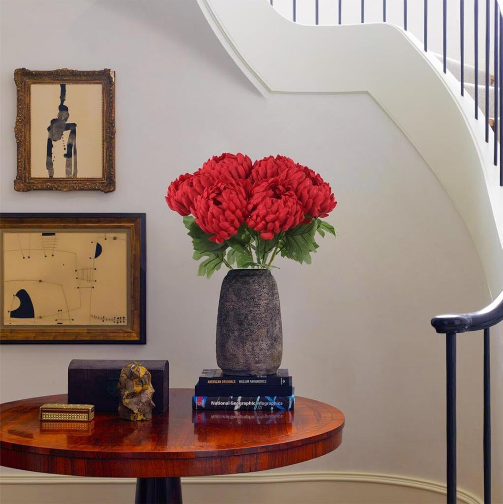 Yapay Çiçek Krizantem Kırmızı 90cm Tek Dal Kumaş Çiçek Uzun Dal