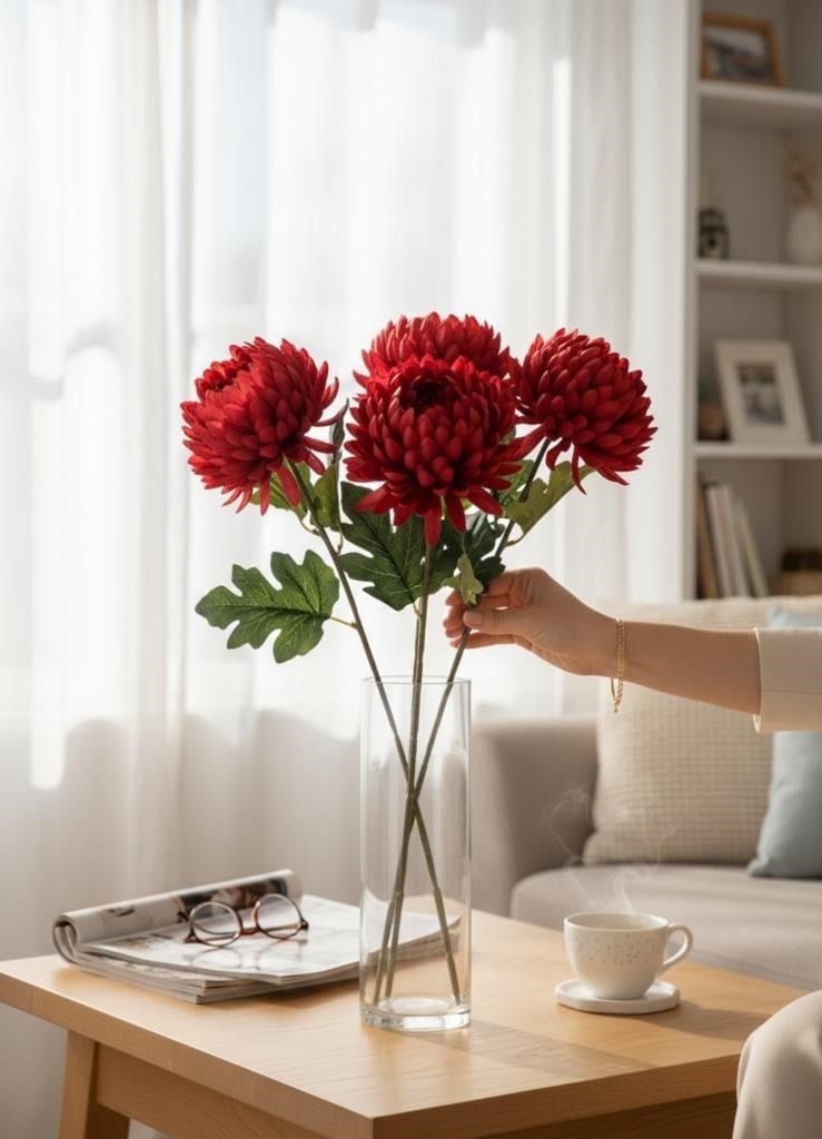 Yapay Çiçek Krizantem Kırmızı 90cm Tek Dal Kumaş Çiçek Uzun Dal
