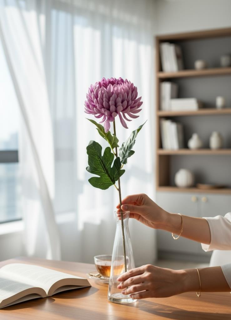 Yapay Çiçek Krizantem Lila 90cm Tek Dal Kumaş Çiçek Uzun Dal