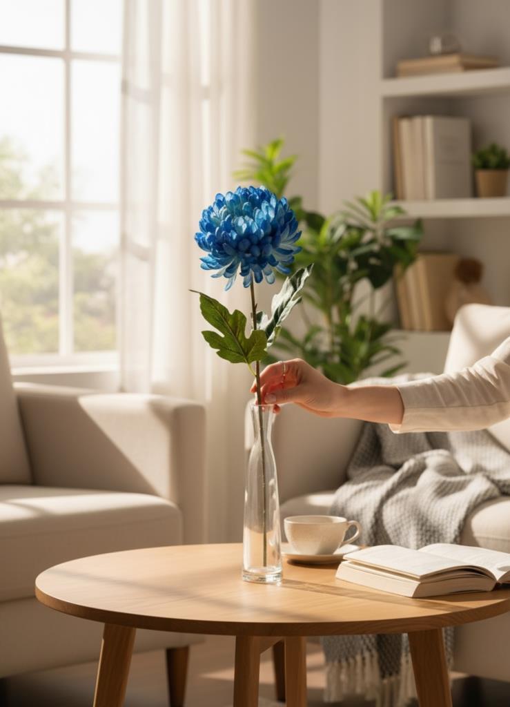 Yapay Çiçek Krizantem Mavi 90cm Tek Dal Kumaş Çiçek Uzun Dal