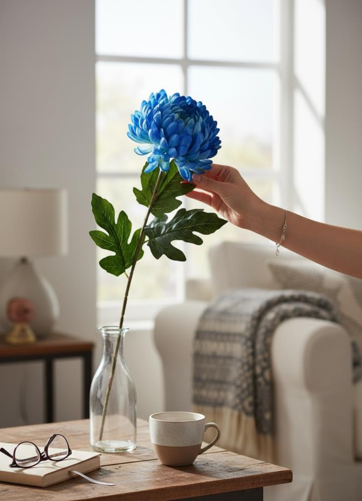 Yapay Çiçek Krizantem Mavi 90cm Tek Dal Kumaş Çiçek Uzun Dal