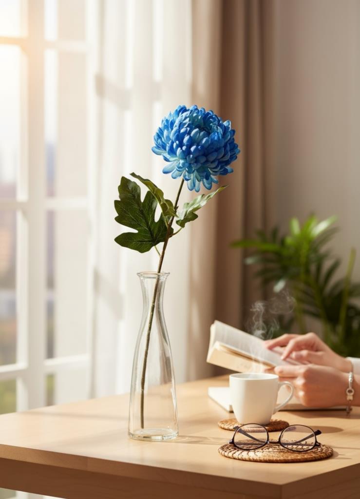 Yapay Çiçek Krizantem Mavi 90cm Tek Dal Kumaş Çiçek Uzun Dal