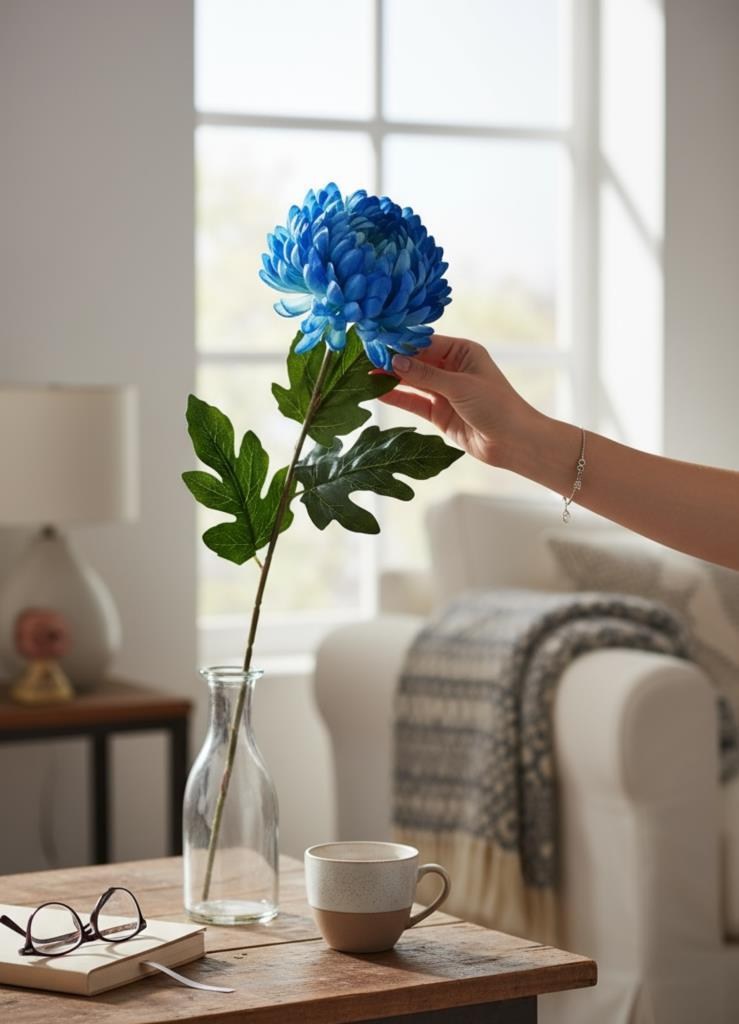 Yapay Çiçek Krizantem Mavi 90cm Tek Dal Kumaş Çiçek Uzun Dal
