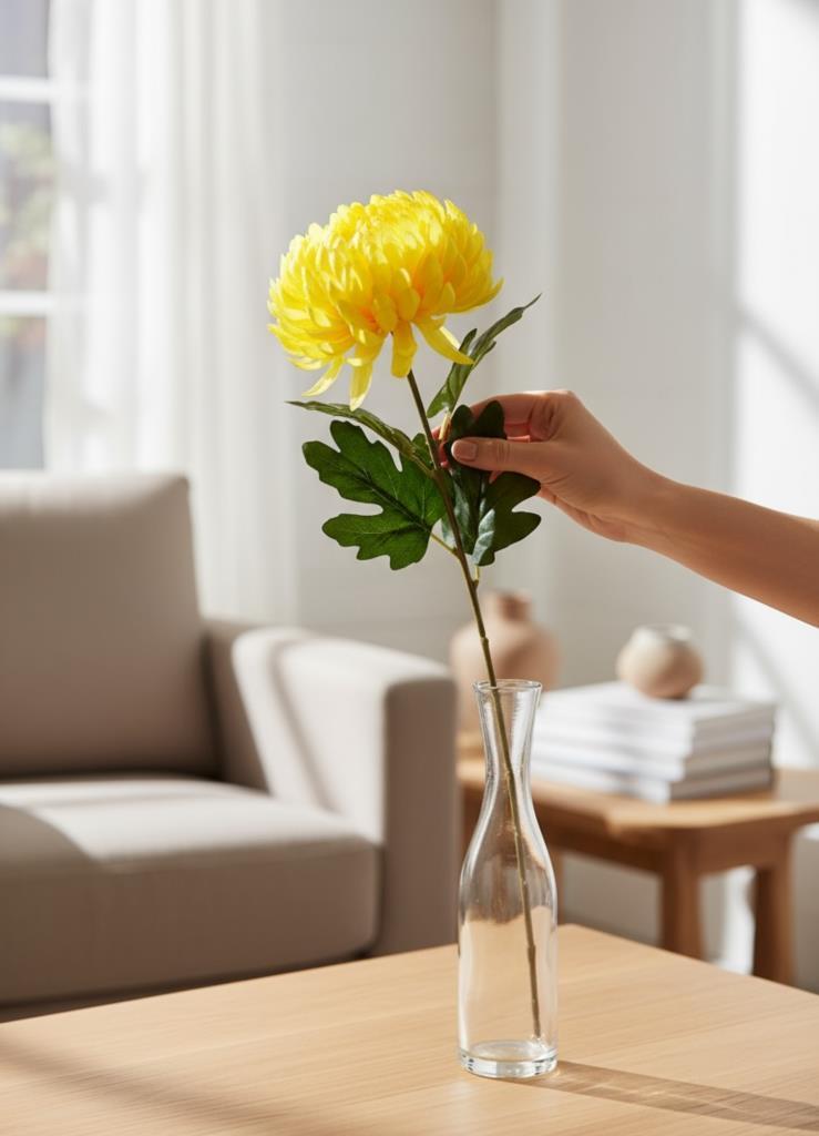 Yapay Çiçek Krizantem Sarı Açık 90cm Tek Dal Kumaş Çiçek Uzun Dal