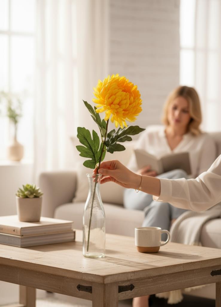 Yapay Çiçek Krizantem Sarı Koyu 90cm Tek Dal Kumaş Çiçek Uzun Dal