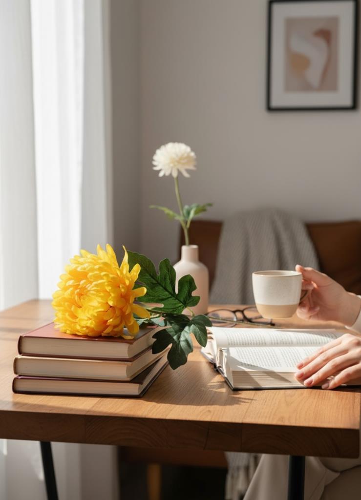 Yapay Çiçek Krizantem Sarı Koyu 90cm Tek Dal Kumaş Çiçek Uzun Dal