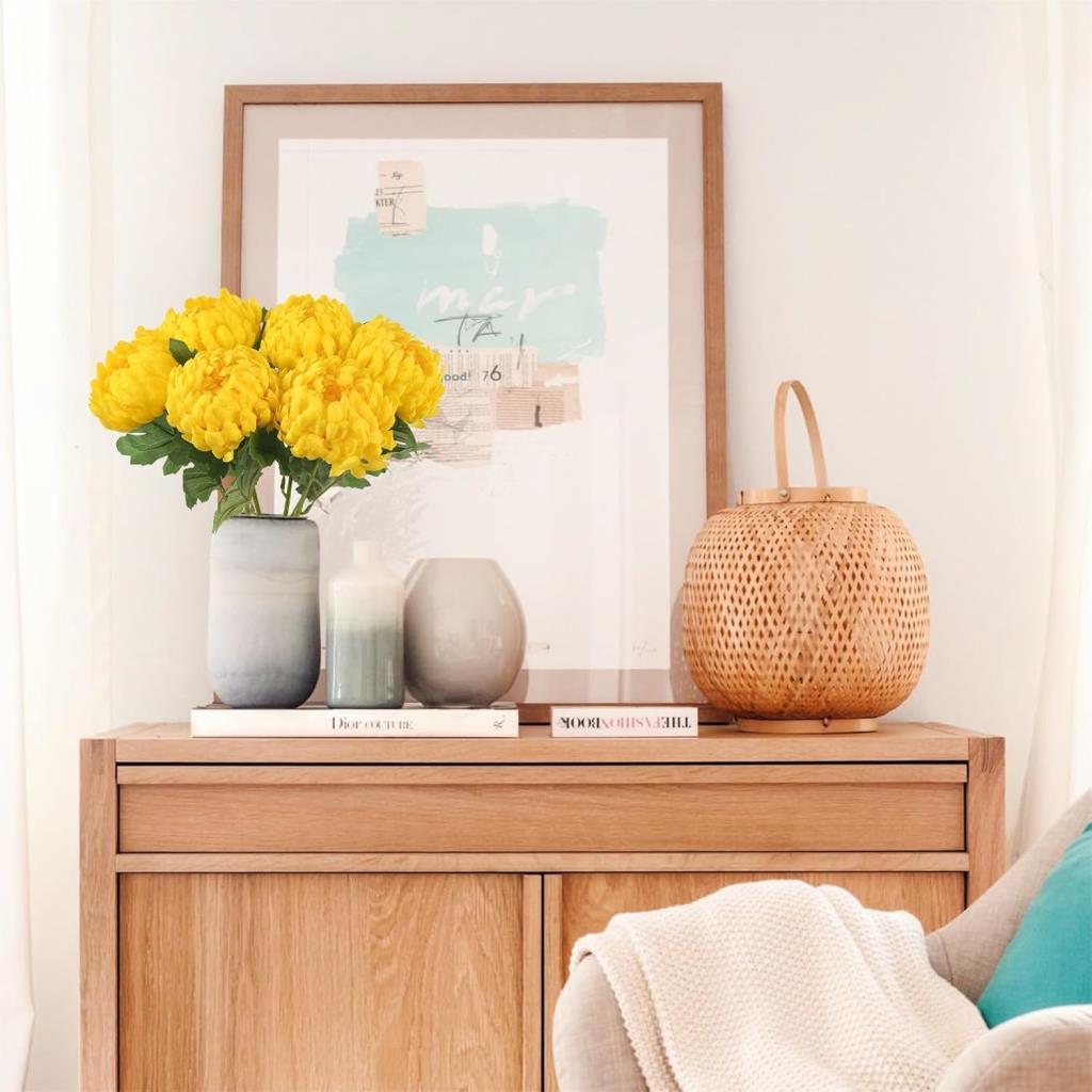 Yapay Çiçek Krizantem Sarı Koyu 90cm Tek Dal Kumaş Çiçek Uzun Dal