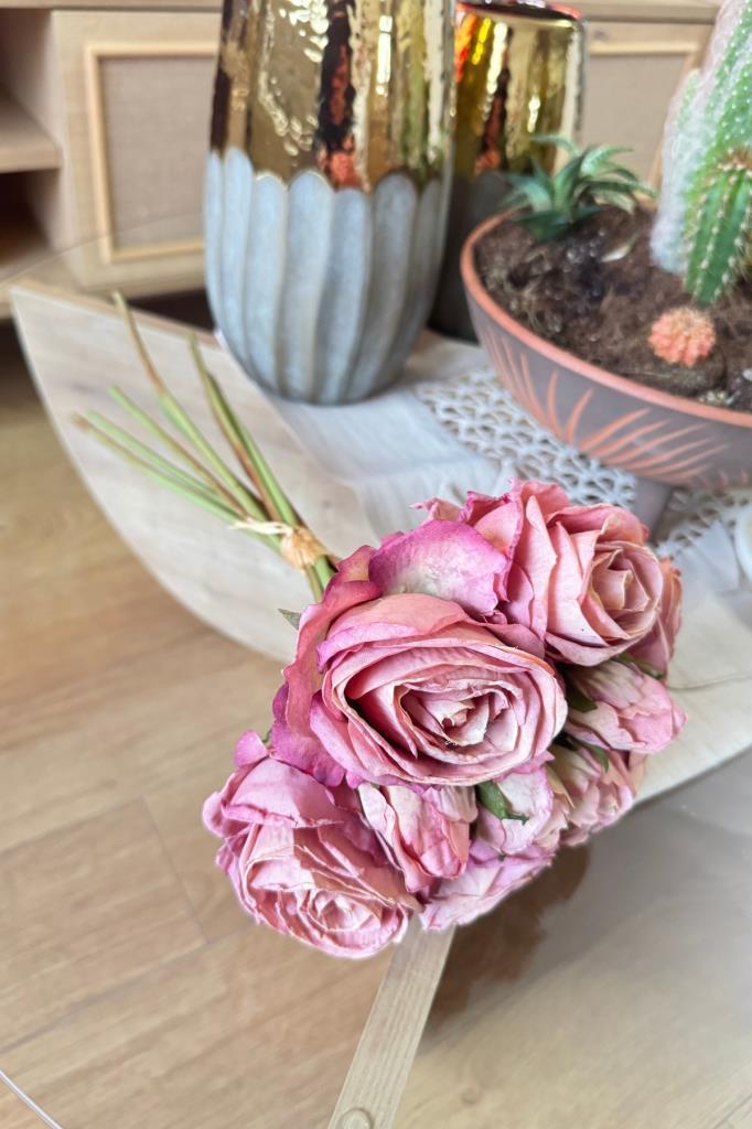 Yapay Çiçek Kuru Gül Pembe Gül Kurusu Renk 6Çiçek 4Tomurcuk 10lu Demet Gelin Çiçeği Buketi