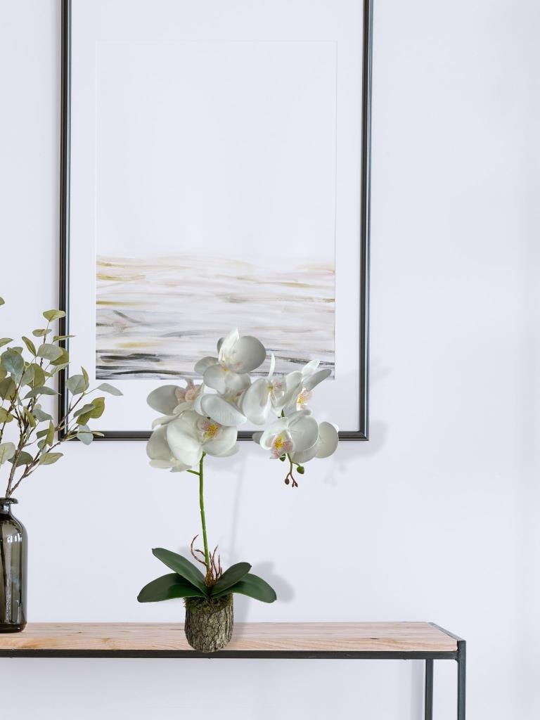 Yapay Çiçek Kütük Saksılı Tekdal Islak Orkide Beyaz 50*30cm