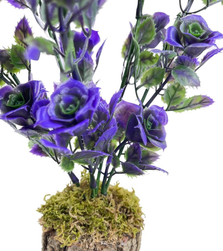 Yapay Çiçek Kütükte Mor Güllü Demet Dekoratif Masa Çiçeği 30*20cm