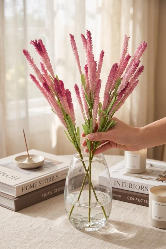 Yapay Çiçek Lateks Köpük Pembe Koyu Lavanta Dalı 35cm Dekoratif Çiçek