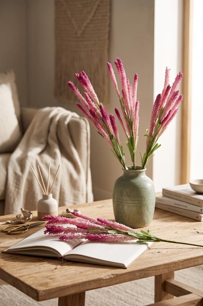 Yapay Çiçek Lateks Köpük Pembe Koyu Lavanta Dalı 35cm Dekoratif Çiçek