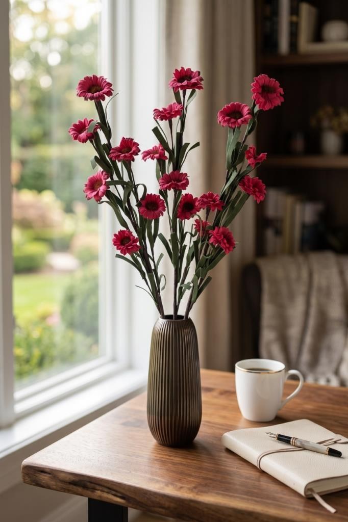 Yapay Çiçek Lateks Papatya Dalı FUŞYA 6 Çiçekli 60 cm Gerçek Dokulu Dekoratif Çiçek