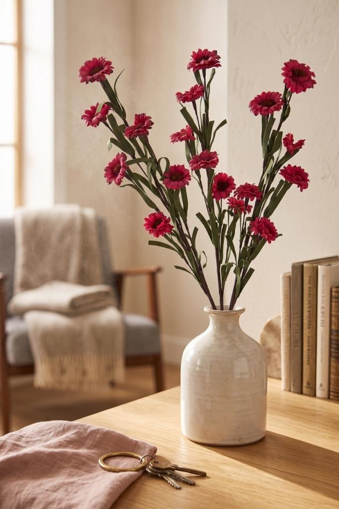 Yapay Çiçek Lateks Papatya Dalı FUŞYA 6 Çiçekli 60 cm Gerçek Dokulu Dekoratif Çiçek