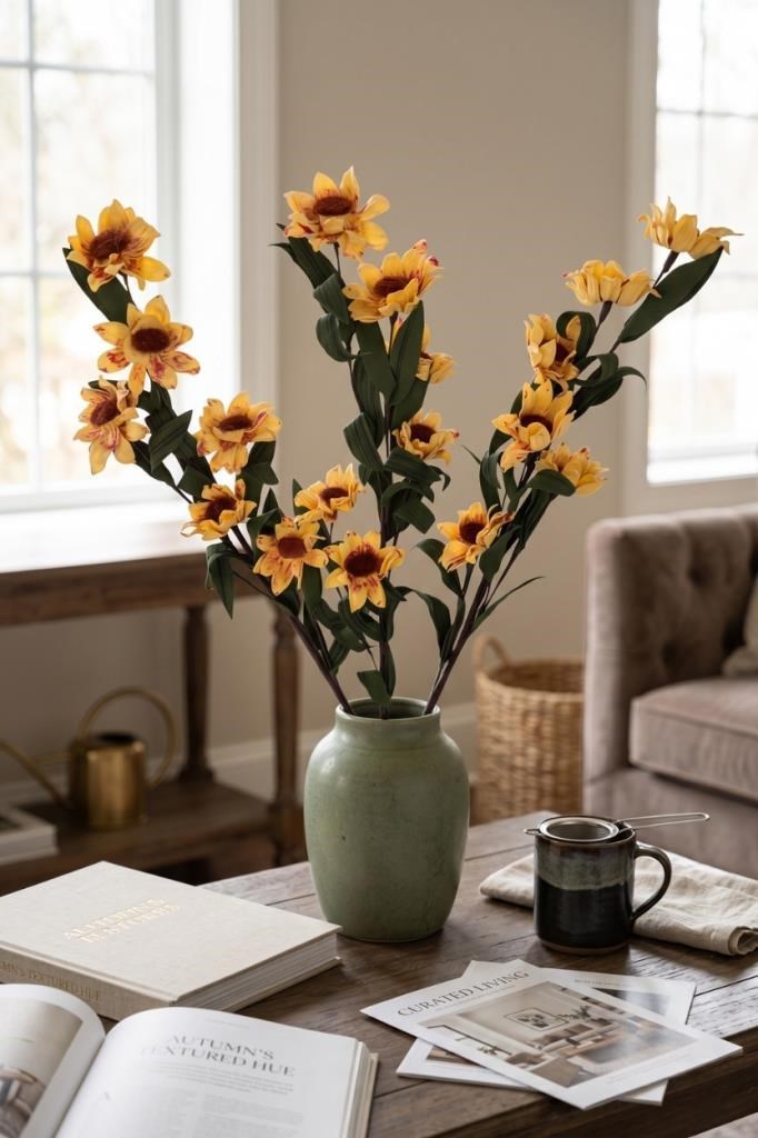 Yapay Çiçek Lateks Papatya Dalı KREM 6 Çiçekli 60 cm Gerçek Dokulu Dekoratif Çiçek