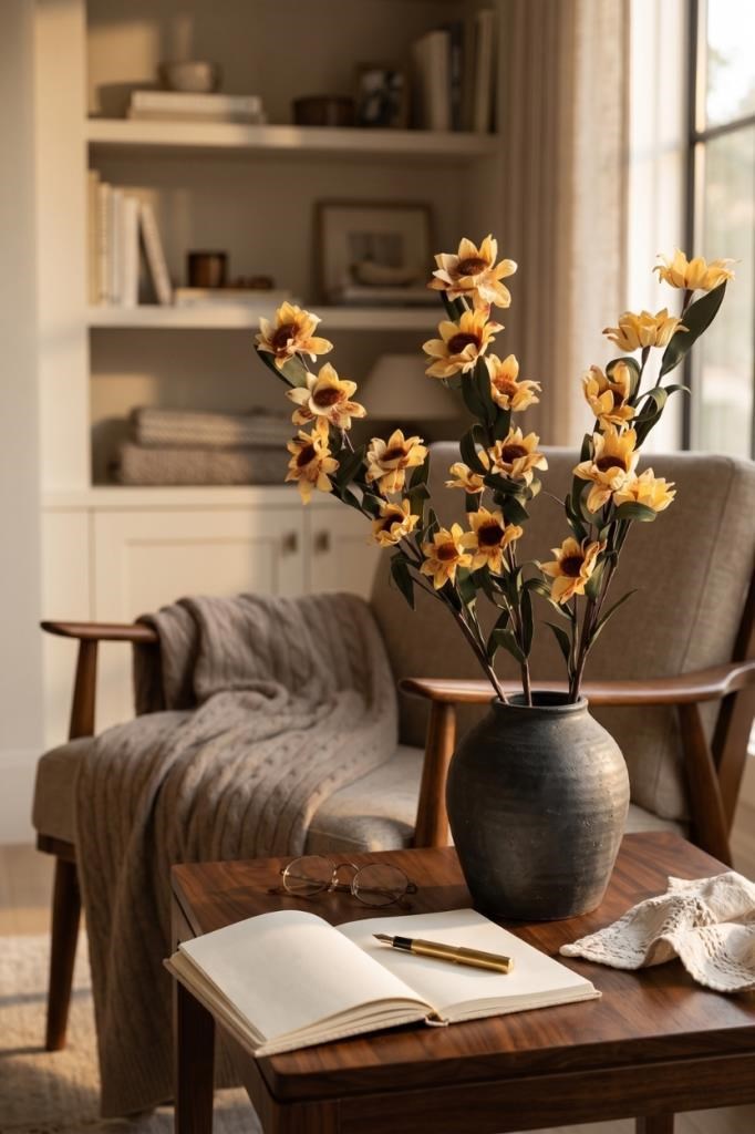 Yapay Çiçek Lateks Papatya Dalı KREM 6 Çiçekli 60 cm Gerçek Dokulu Dekoratif Çiçek