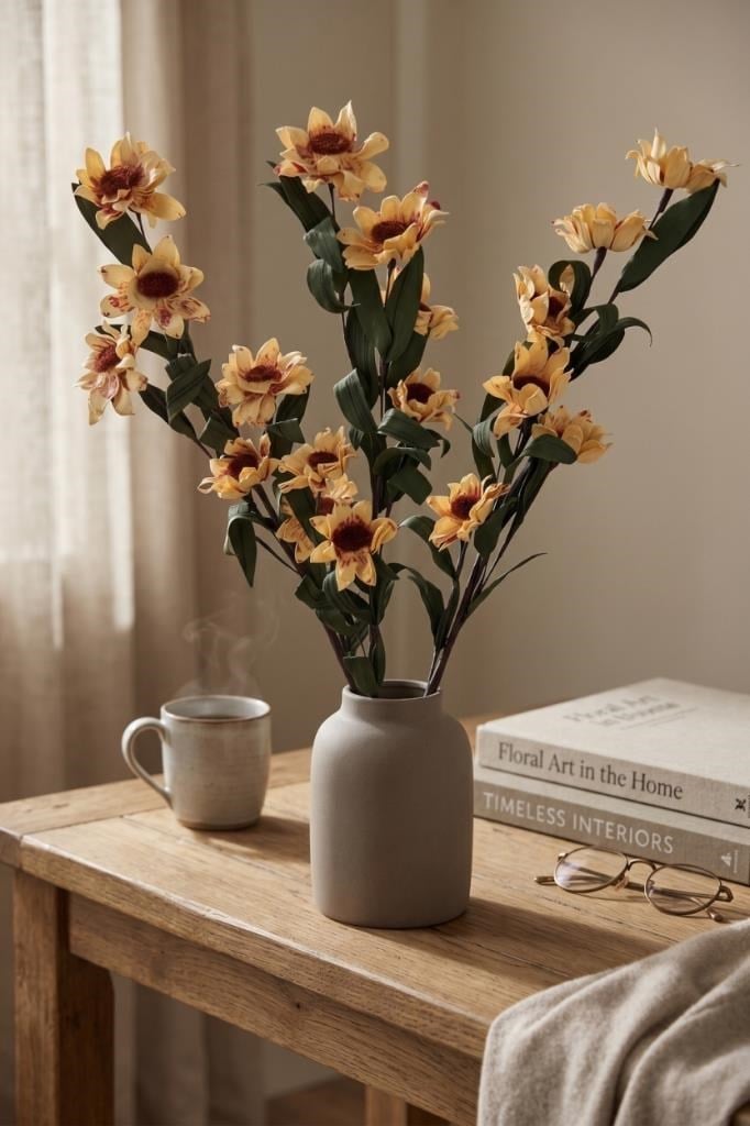 Yapay Çiçek Lateks Papatya Dalı KREM 6 Çiçekli 60 cm Gerçek Dokulu Dekoratif Çiçek