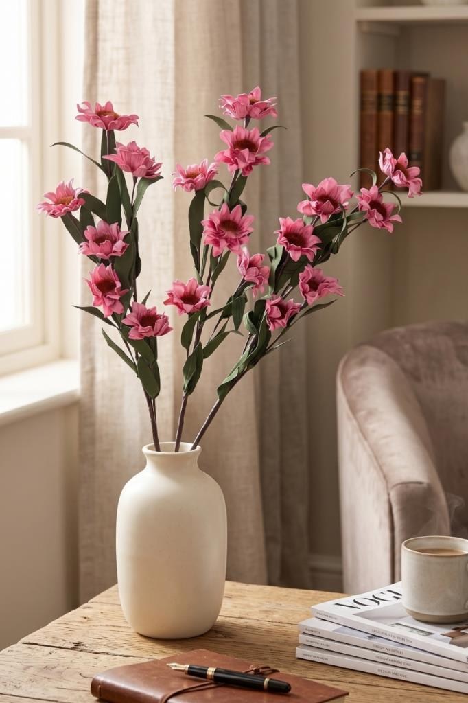 Yapay Çiçek Lateks Papatya Dalı PEMBE 6 Çiçekli 60 cm Gerçek Dokulu Dekoratif Çiçek