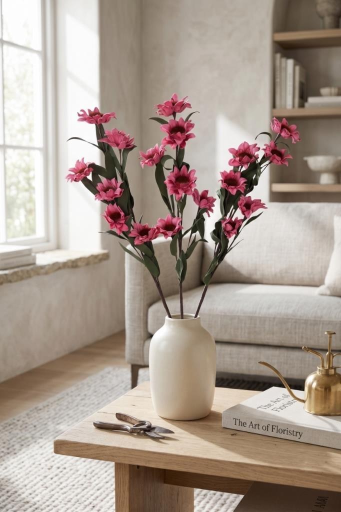 Yapay Çiçek Lateks Papatya Dalı PEMBE 6 Çiçekli 60 cm Gerçek Dokulu Dekoratif Çiçek