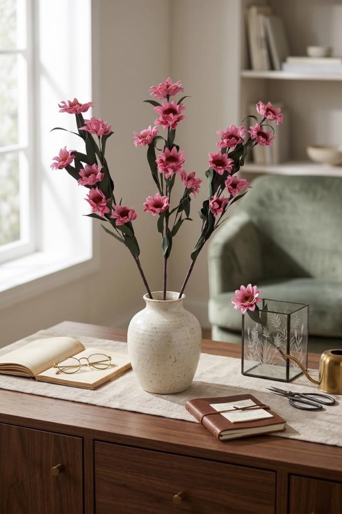 Yapay Çiçek Lateks Papatya Dalı PEMBE 6 Çiçekli 60 cm Gerçek Dokulu Dekoratif Çiçek
