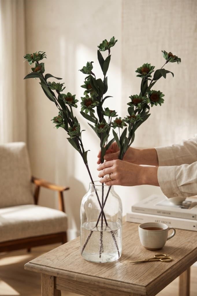 Yapay Çiçek Lateks Papatya Dalı YEŞİL 6 Çiçekli 60 cm Gerçek Dokulu Dekoratif Çiçek