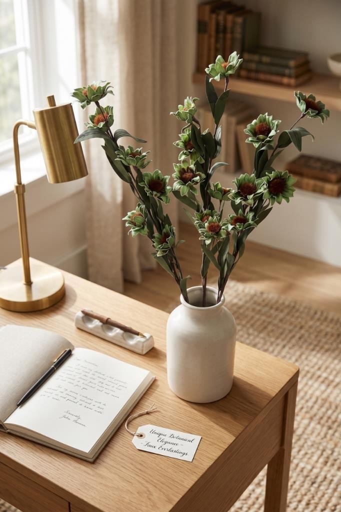 Yapay Çiçek Lateks Papatya Dalı YEŞİL 6 Çiçekli 60 cm Gerçek Dokulu Dekoratif Çiçek