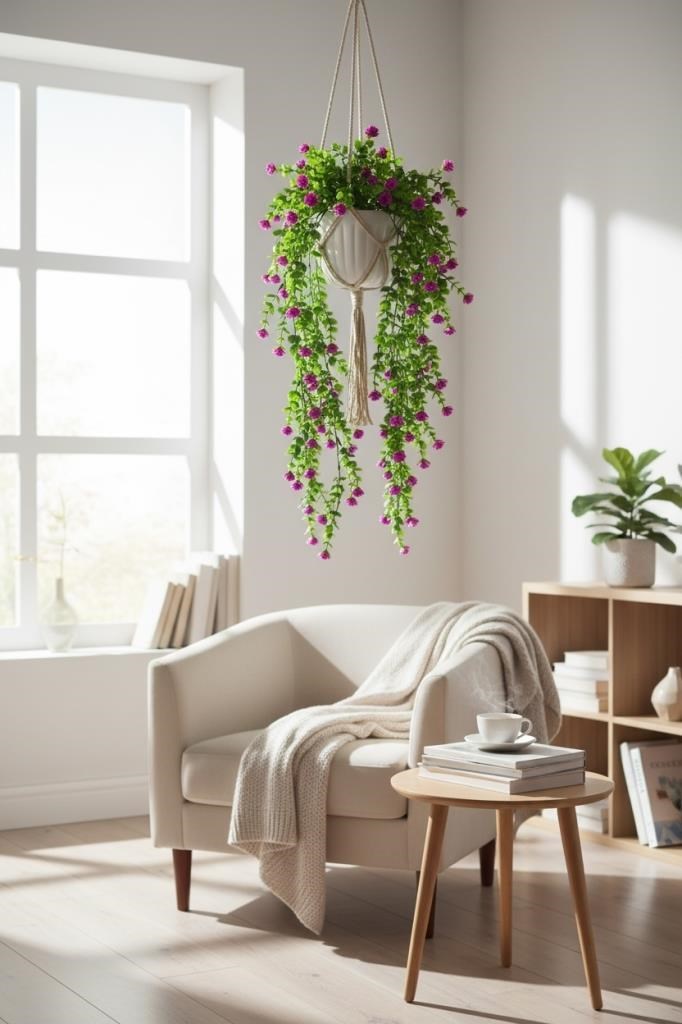Yapay Çiçek Lila Sarkan Lotus Çiçekli Okaliptus Şimşir Yapay Sarmaşık 5dal 60cm