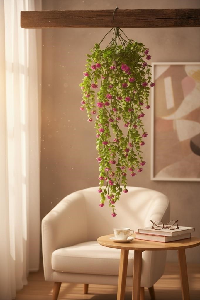 Yapay Çiçek Lila Sarkan Lotus Çiçekli Okaliptus Şimşir Yapay Sarmaşık 5dal 60cm