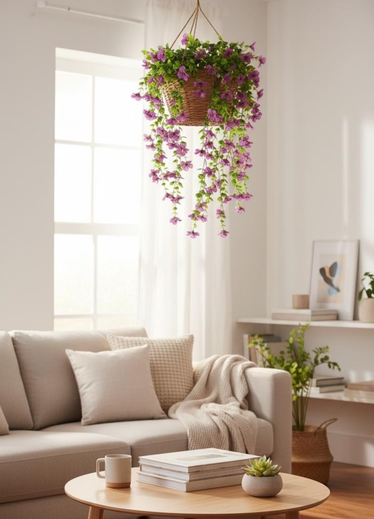 Yapay Çiçek Lila Sarkan Mineli Okaliptus Şimşir Yapay Sarmaşık 5dal 60cm
