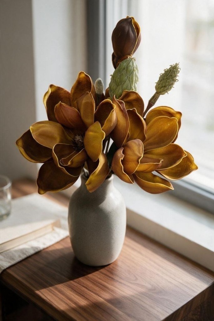 Yapay Çiçek Lüx Manolya Gerçek Dokulu Letex Eva Magnolia Gelin Çiçeği 40cm KAHVERENGİ