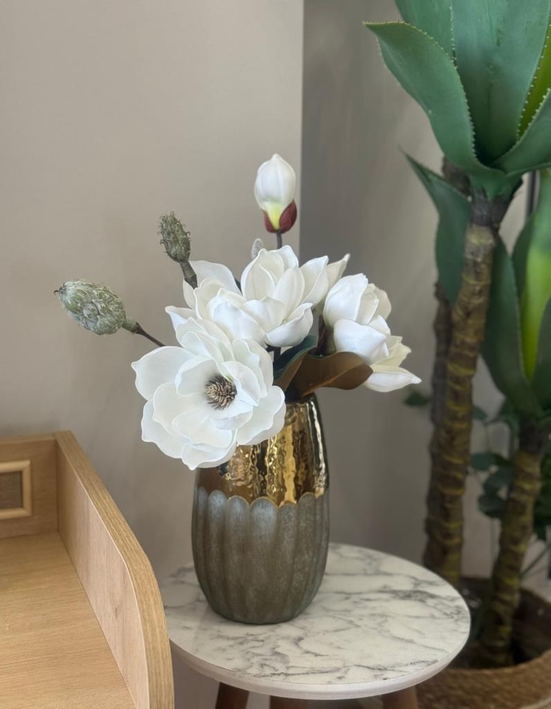 Yapay Çiçek Lüx Manolya Gerçek Dokulu Letex Eva Magnolia Gelin Çiçeği 40cm BEYAZ