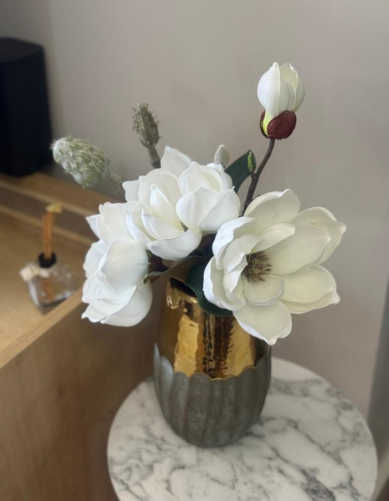 Yapay Çiçek Lüx Manolya Gerçek Dokulu Letex Eva Magnolia Gelin Çiçeği 40cm BEYAZ