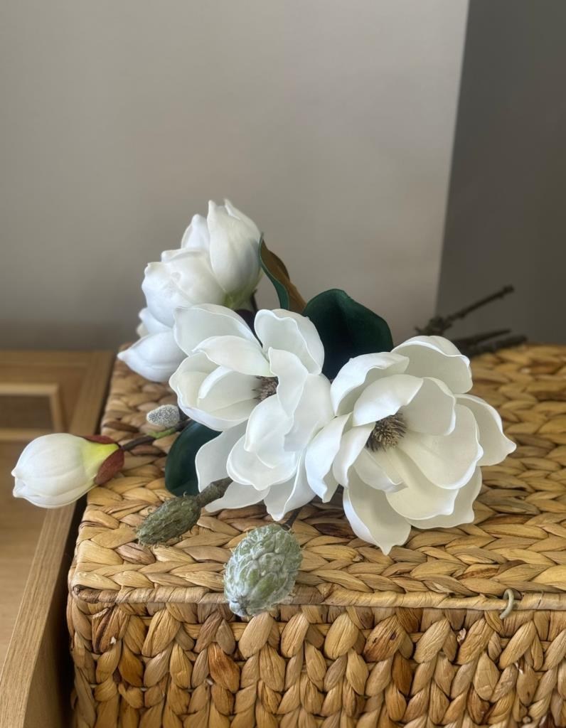 Yapay Çiçek Lüx Manolya Gerçek Dokulu Letex Eva Magnolia Gelin Çiçeği 40cm BEYAZ