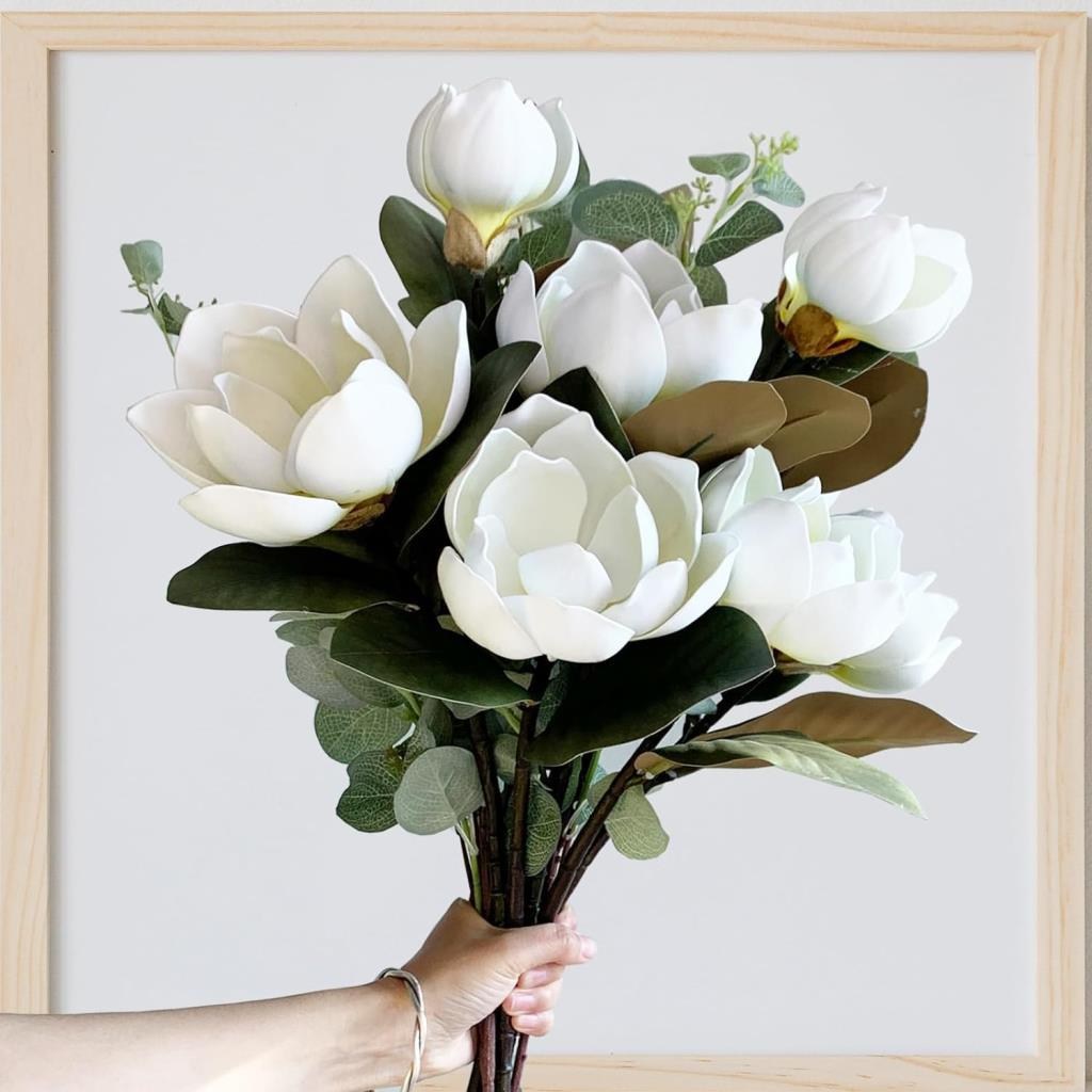 Yapay Çiçek Lüx Manolya Gerçek Islak Dokulu Magnolia Gelin Çiçeği 48cm BEYAZ