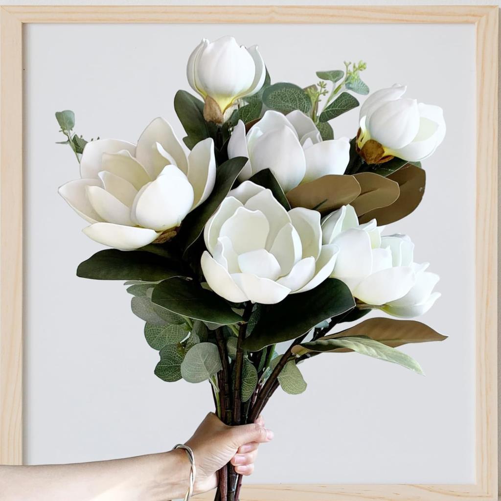 Yapay Çiçek Lüx Manolya Gerçek Islak Dokulu Magnolia Gelin Çiçeği 48cm BEYAZ