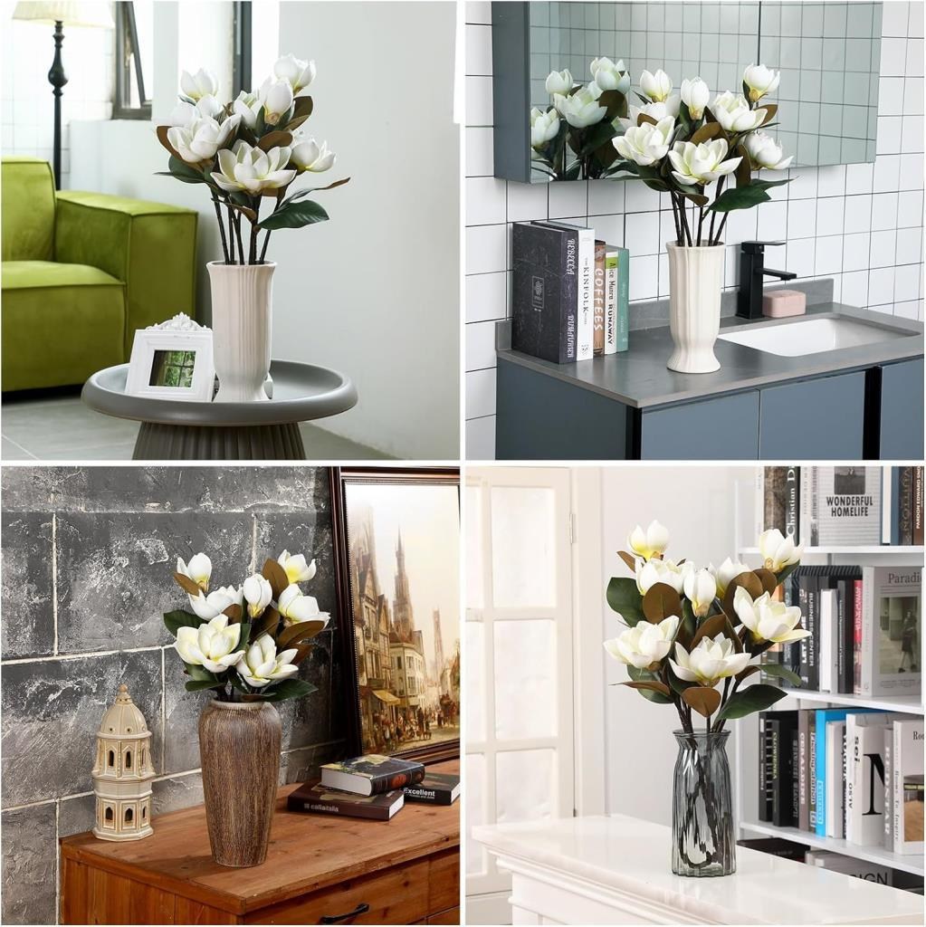 Yapay Çiçek Lüx Manolya Gerçek Islak Dokulu Magnolia Gelin Çiçeği 48cm BEYAZ