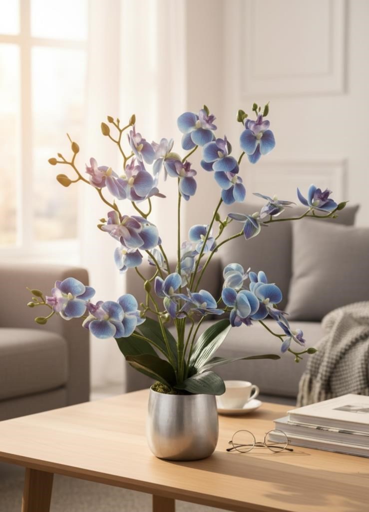 Yapay Çiçek Mavi 9 Dallı Islak Orkide Gümüş Metal Saksıda Saksıda Orkide 60cm