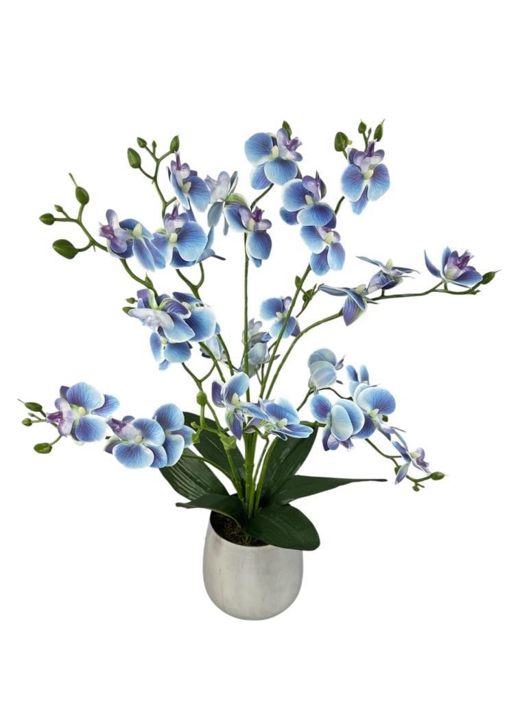 Yapay Çiçek Mavi 9 Dallı Islak Orkide Gümüş Metal Saksıda Saksıda Orkide 60cm