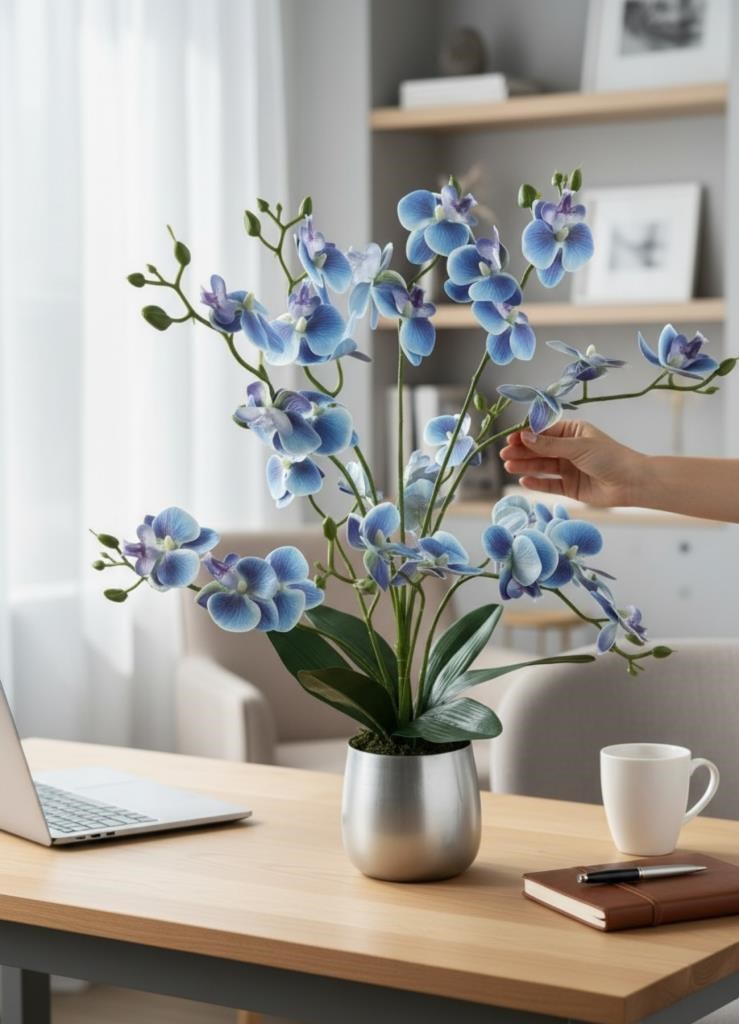 Yapay Çiçek Mavi 9 Dallı Islak Orkide Gümüş Metal Saksıda Saksıda Orkide 60cm