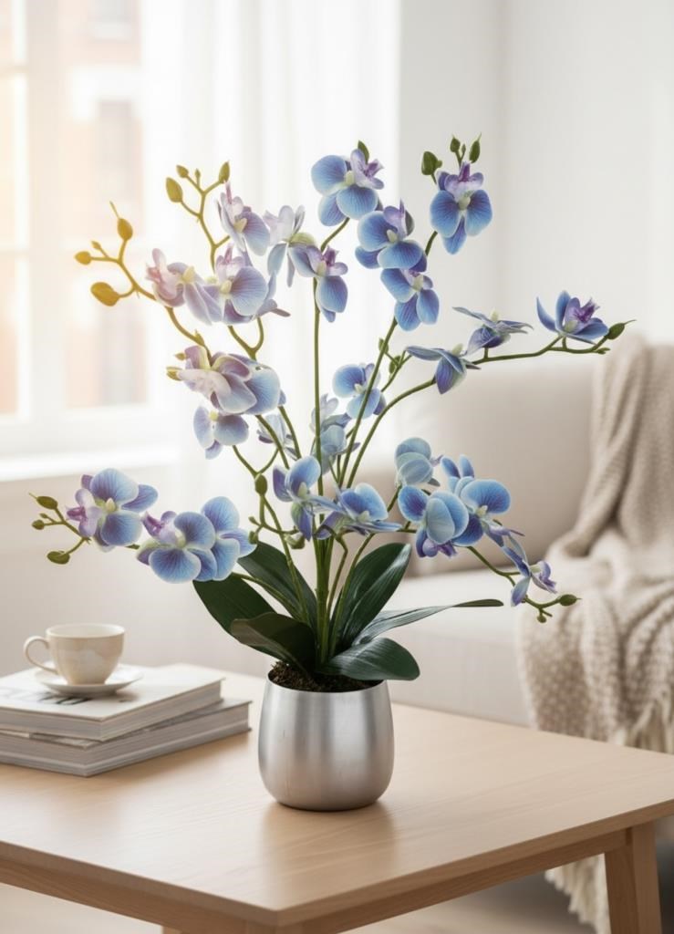Yapay Çiçek Mavi 9 Dallı Islak Orkide Gümüş Metal Saksıda Saksıda Orkide 60cm
