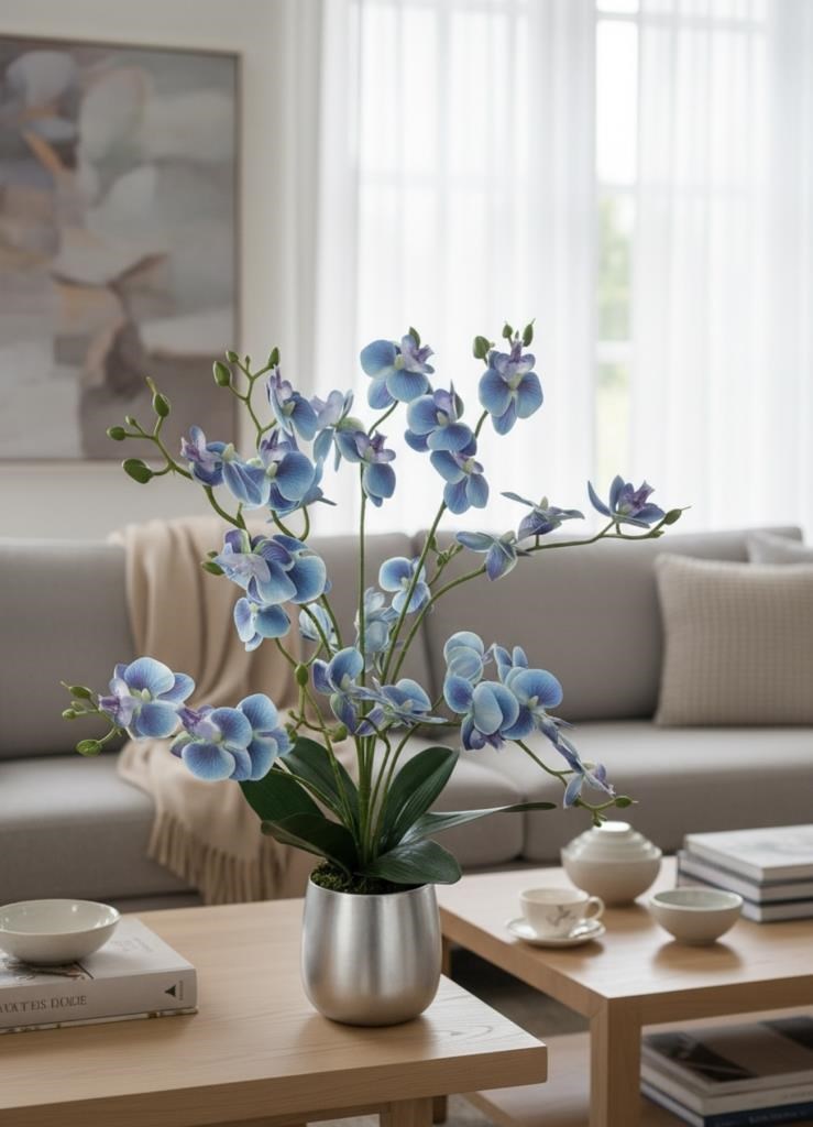 Yapay Çiçek Mavi 9 Dallı Islak Orkide Gümüş Metal Saksıda Saksıda Orkide 60cm