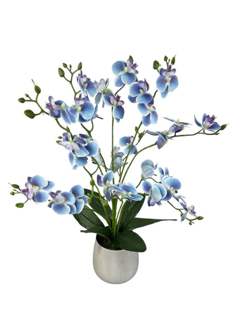 Yapay Çiçek Mavi 9 Dallı Islak Orkide Gümüş Metal Saksıda Saksıda Orkide 60cm