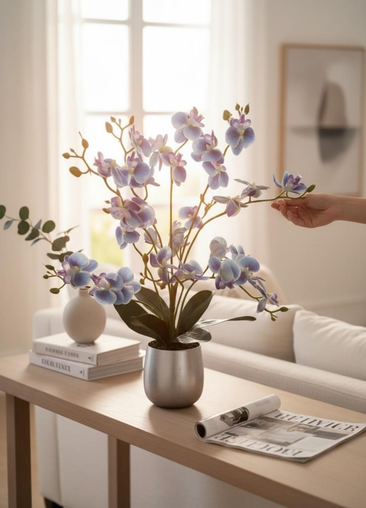 Yapay Çiçek Mavi 9 Dallı Islak Orkide Gümüş Metal Saksıda Saksıda Orkide 60cm