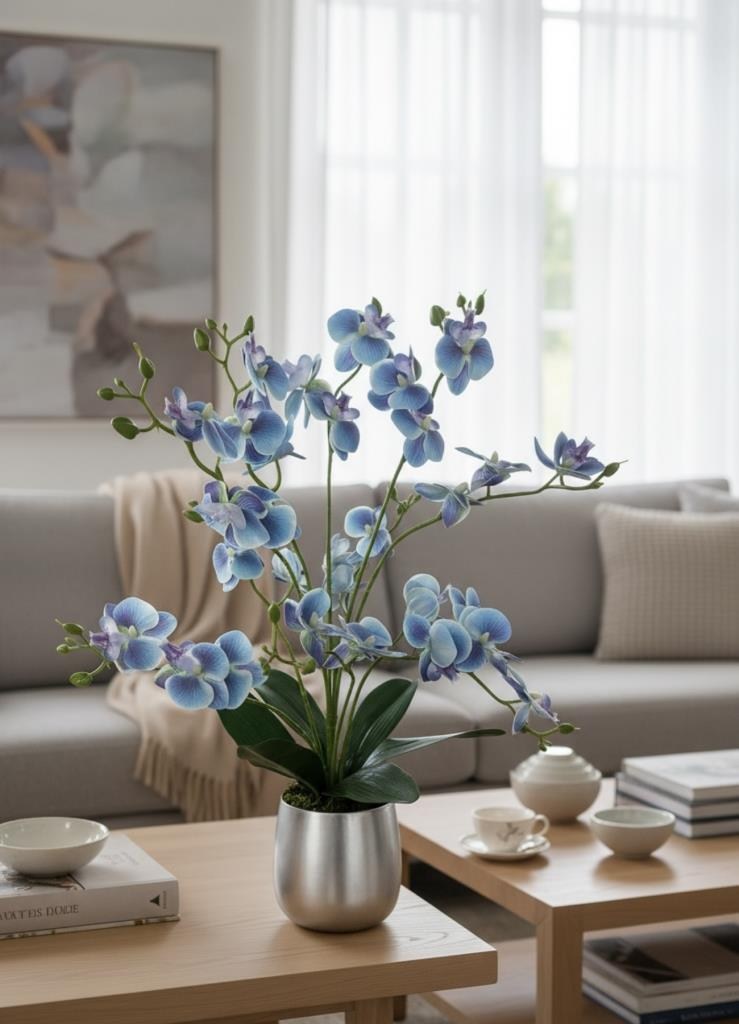 Yapay Çiçek Mavi 9 Dallı Islak Orkide Gümüş Metal Saksıda Saksıda Orkide 60cm