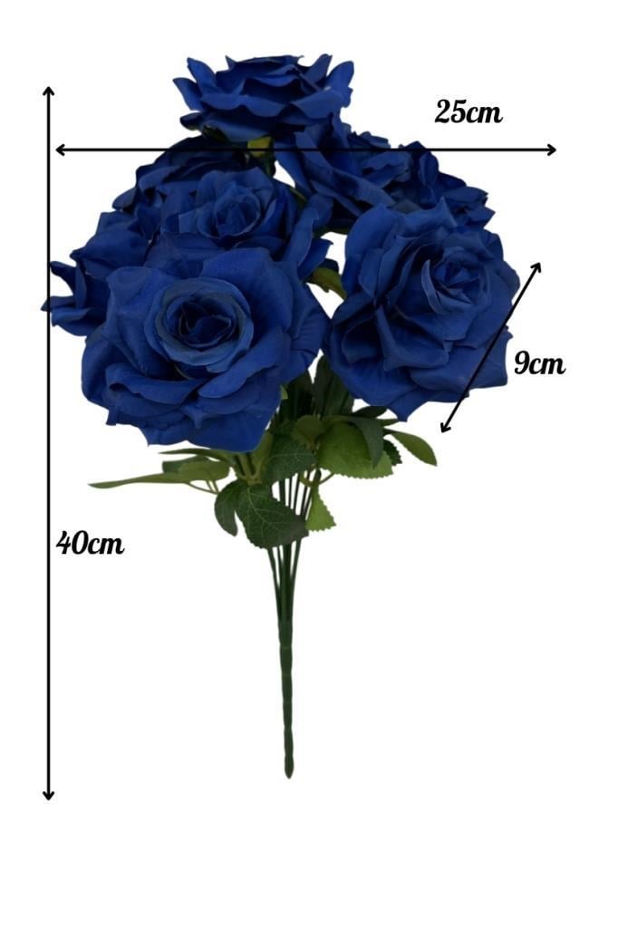 Yapay Çiçek Mavi 9lu Gül Demeti Kumaş 40*25cm