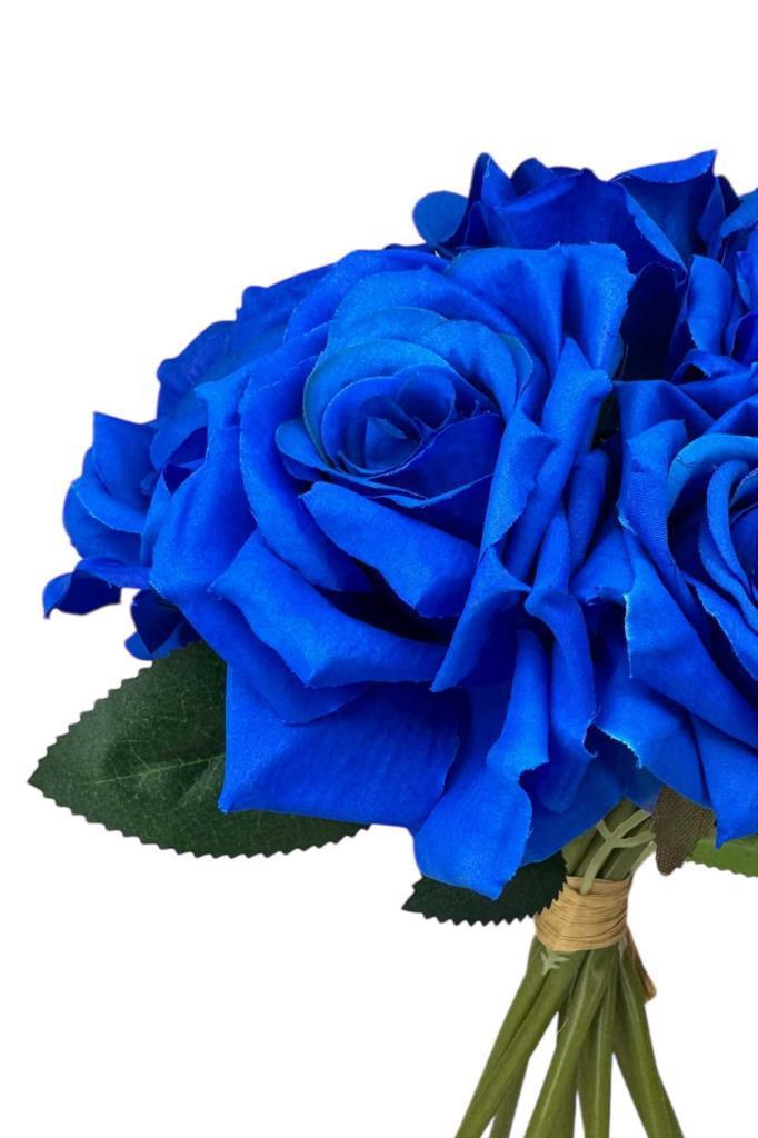 Yapay Çiçek Mavi Gül 10lu Demet Gelin Çiçeği Buketi Masa Üstü Vazo Çiçeği 25cm