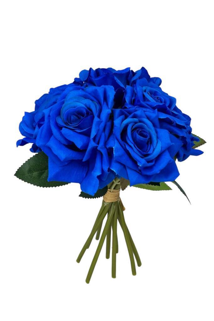 Yapay Çiçek Mavi Gül 10lu Demet Gelin Çiçeği Buketi Masa Üstü Vazo Çiçeği 25cm