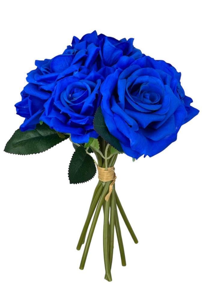 Yapay Çiçek Mavi Gül 10lu Demet Gelin Çiçeği Buketi Masa Üstü Vazo Çiçeği 25cm