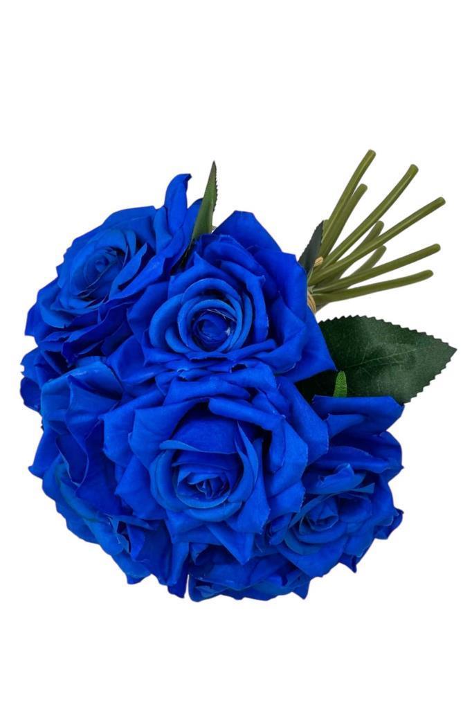 Yapay Çiçek Mavi Gül 10lu Demet Gelin Çiçeği Buketi Masa Üstü Vazo Çiçeği 25cm